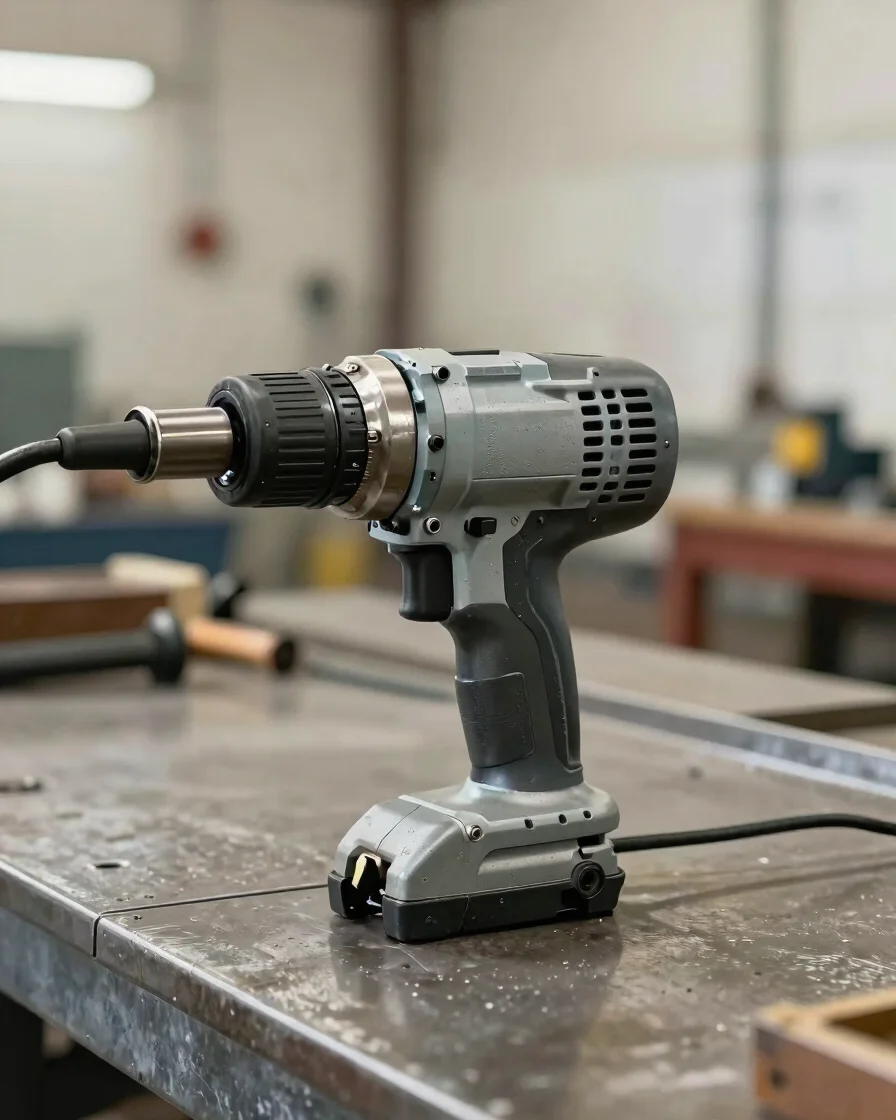 Industrial editorial close-up of a power-driven hand tool housing on a steel workbench, neutral daylight, crisp metal de