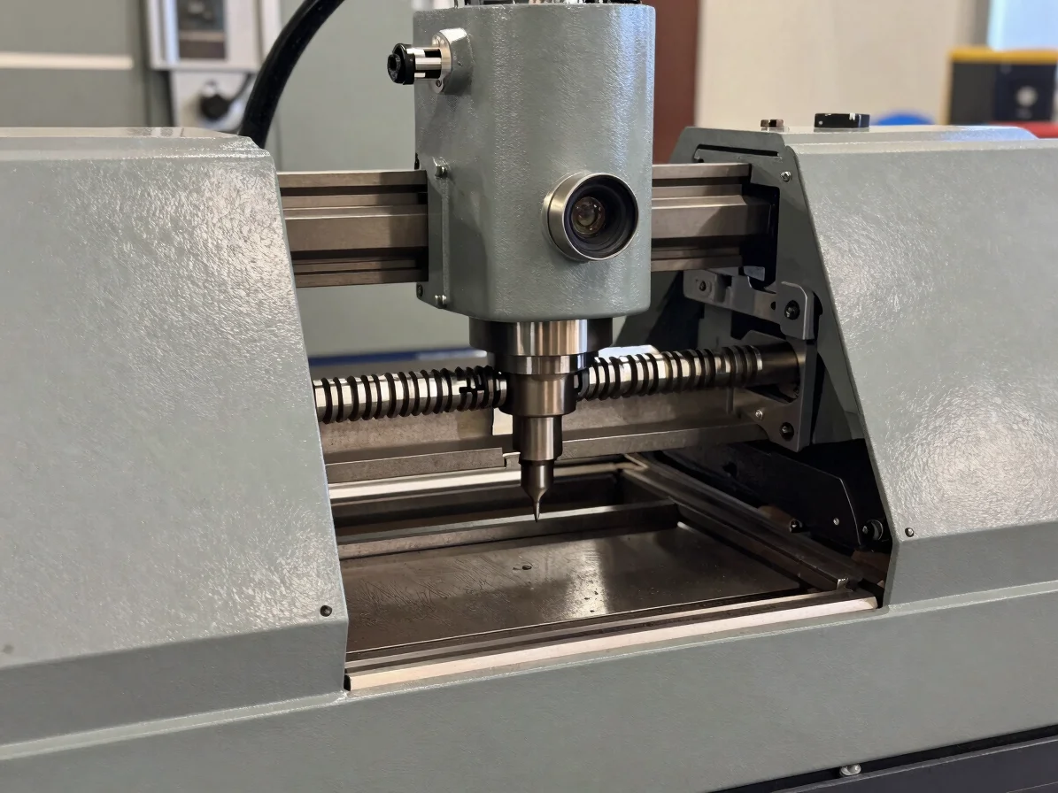 Industrial editorial close-up of a stationary metal-cutting machine tool with steel gray housing, neutral daylight, cris
