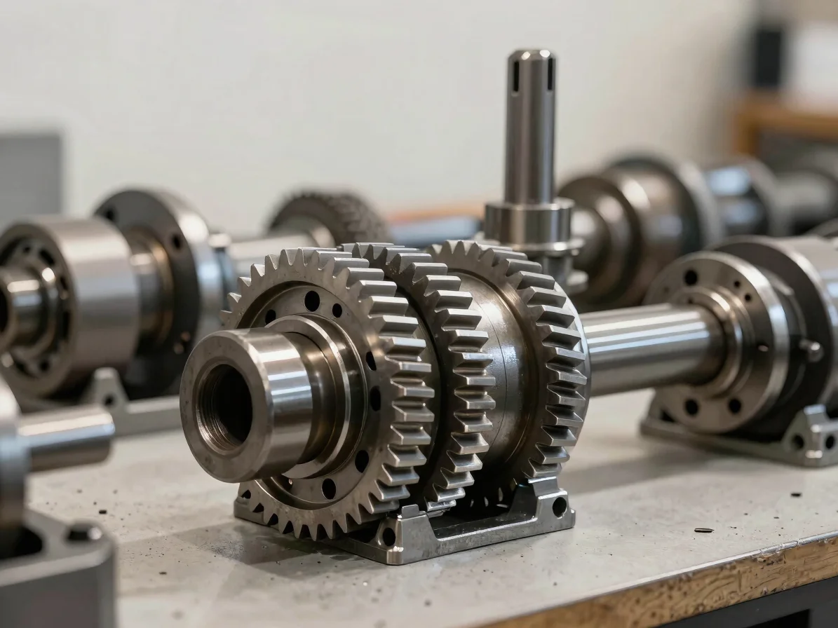 Industrial editorial close-up of mechanical drive assembly components, steel gears and shafts on a neutral workbench, co