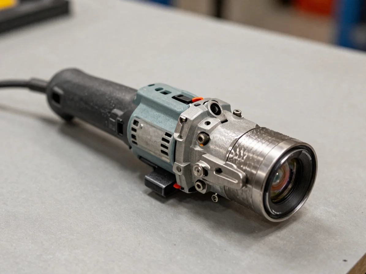 Industrial editorial close-up of a power-driven hand tool with steel housing and a visible drive mechanism on a neutral