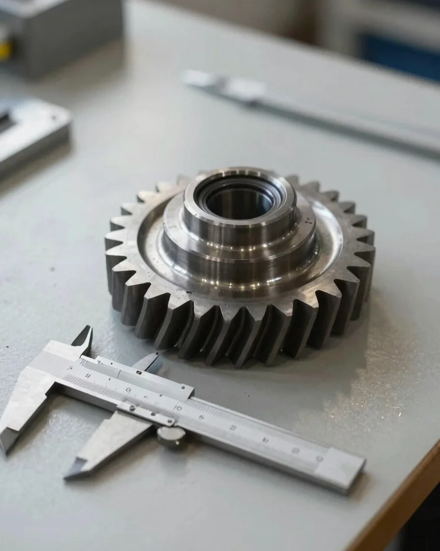 Close-up of a precision steel gear component on a gauge table under neutral daylight, calipers resting beside it, steel